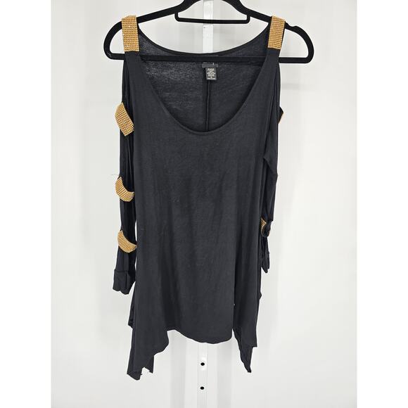 La Vanya Womens Sz M Long Sleeve Cold Shoulder Blouse Black w/ Gold Rehinestones - Picture 1 of 4